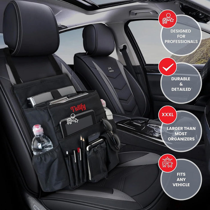 Car Front Seat Organizer [2025 UPDATED] with Dedicated Tablet and Laptop Storage Stabilizing Side Straps Soft Adjustable Shoulder Strap and Hardened Buckles Your Office Away from Office.