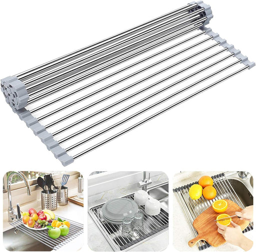 Over the Sink Dish Drying Rack, Roll up Sink Dish Drainer Rack Foldable Kitchen Stainless Steel Dish Rack Sink Drying Ra