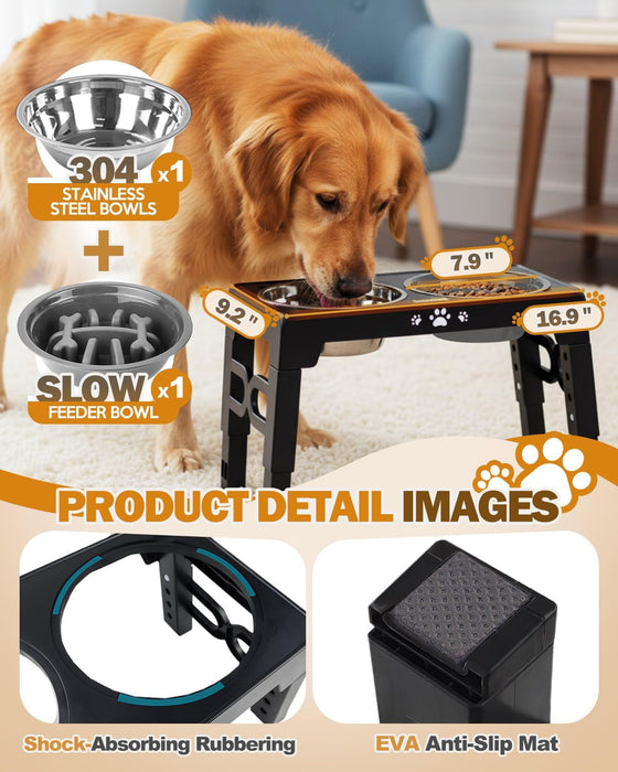 Elevated Dog Bowls for Medium Large Size Dogs, Non-Slip Dog Feeder with 1*Stainless Steel Dishes & 1*Slow Feeder Bowl, 5