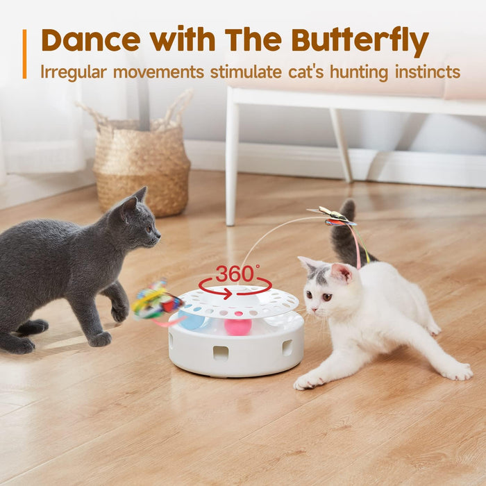 Cat Toys 3in1 Automatic Interactive Kitten Toy, Fluttering Butterfly, Moving Feather, Track Balls, Dual Power Supplies, 