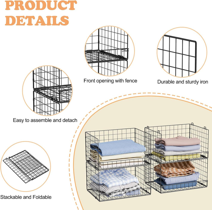 4-Tier Stackable Closet Organizers and Storage Shelves, Foldable Closet Shelf Organizer, Black(Patent Protection)(Patent