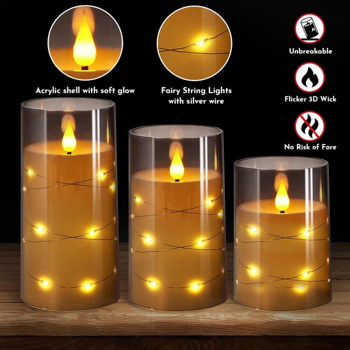Flickering Flameless Candles: Built-in Star String Lights 3D Wick Acrylic Battery Operated LED Pillar Candles with Remote and Timer for Fall Halloween Christmas Home Decoration - 3 Pack Gray