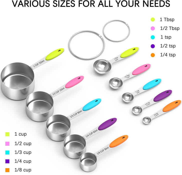 Nesting Measuring Cups and Spoons Set, Stainless Steel with Soft Silicone Handle – Heavy Duty & Dishwasher Safe for Meas