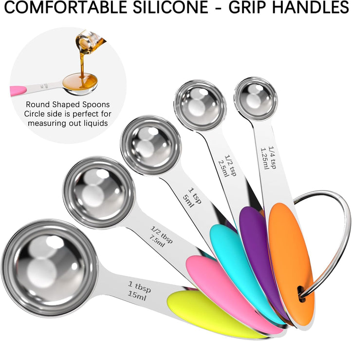 Nesting Measuring Cups and Spoons Set, Stainless Steel with Soft Silicone Handle – Heavy Duty & Dishwasher Safe for Meas