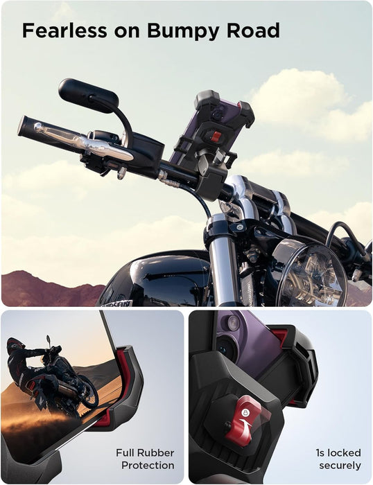 Motorcycle Phone Mount, [1s Auto Lock][100mph Military Anti-Shake] Bike Phone Holder for Bicycle, [10s Quick Install] Ha