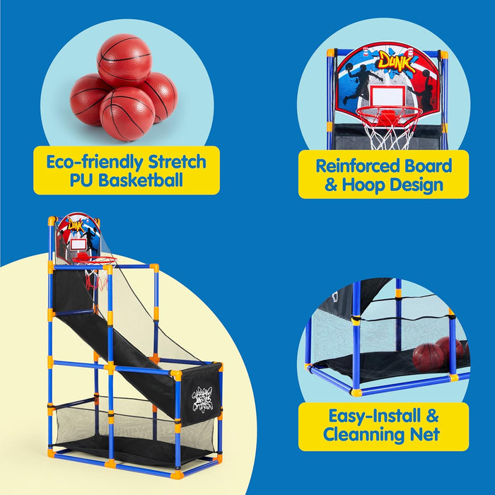 Arcade Basketball Game Set with 4 Balls and Hoop for Kids 3+ Years Old Indoor Outdoor Sport Play - Easy Set Up - Air Pum