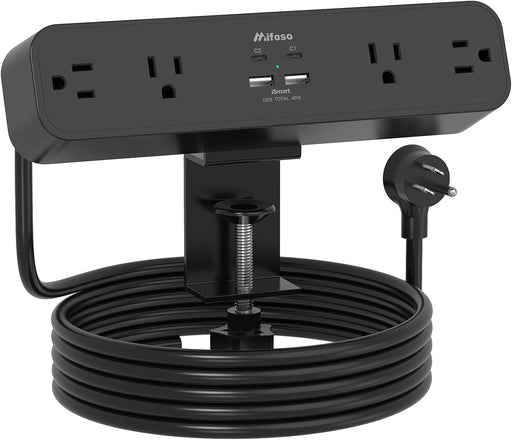 Desk Clamp Power Strip 10FT, 40W USB C Fast Charging Station, Black