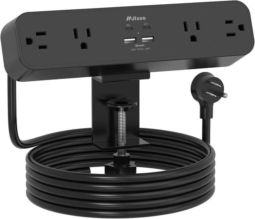 Desk Clamp Power Strip 10FT, 40W USB C Fast Charging Station, Black