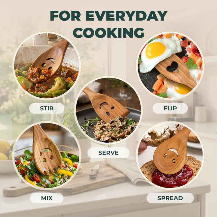 MFC Smiley Face Wooden Spoons for Cooking - 5 Pc Funny Kitchen Gift Set