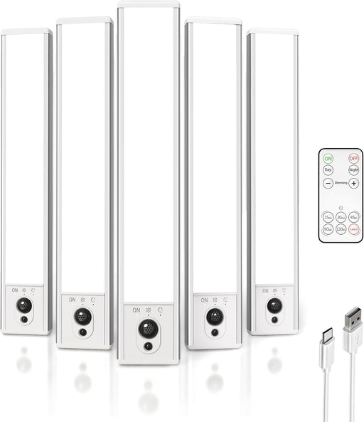 5-Pack Under Cabinet Lighting, 2400mAh Motion Sensor Light, LED Closet Lights Wireless, 6500K Dimmable, Timer, Magnetic, with Remote Control for Kitchen, Closet, Stair