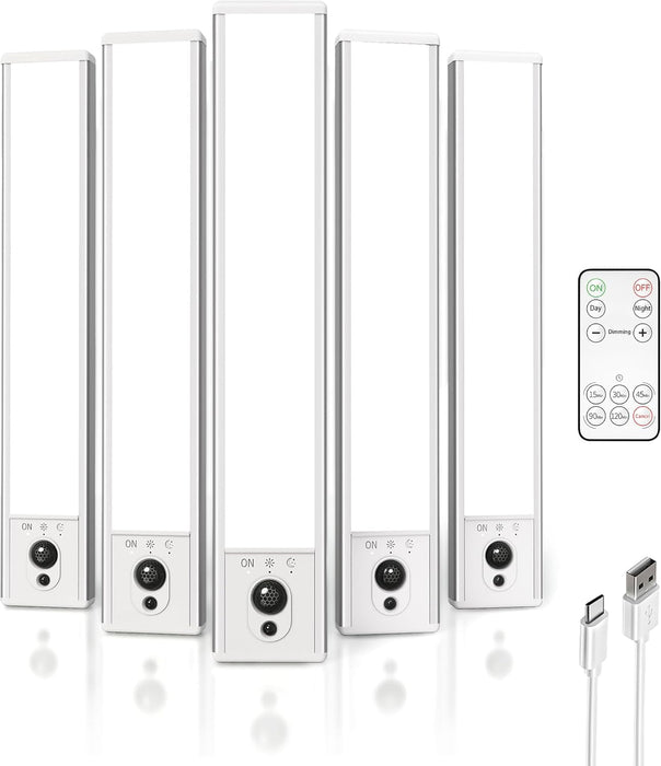 5-Pack Under Cabinet Lighting, 2400mAh Motion Sensor Light, LED Closet Lights Wireless, 6500K Dimmable, Timer, Magnetic, with Remote Control for Kitchen, Closet, Stair