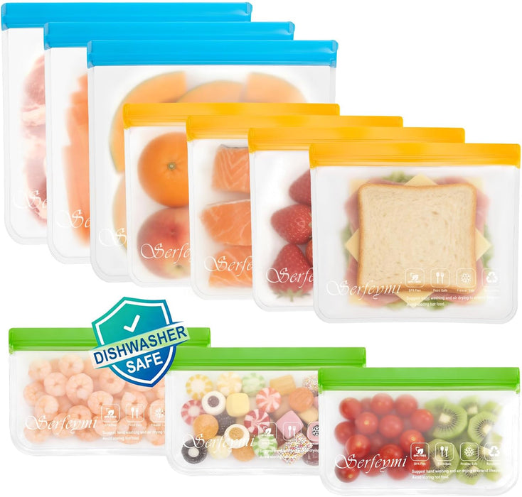 10 Pack Reusable Gallon Freezer Bags Dishwasher Safe, Extra Thick Reusable Plastic Bags BPA Free, Leak Proof Food Storage Bags with 3 Sizes for Meat, Travel - 3 Gallon 4 Sandwich 3 Snack