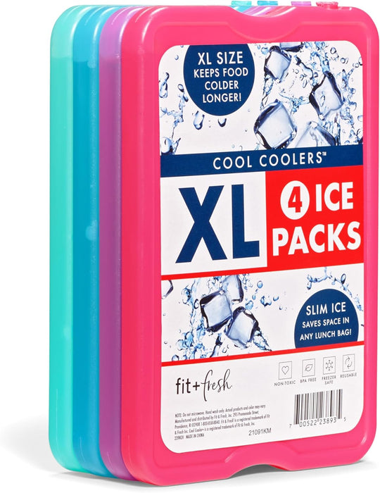 Cool Coolers by  4 Pack XL Slim Ice Packs, Quick Freeze Space Saving Reusable Ice Packs for Lunch Boxes or Coolers