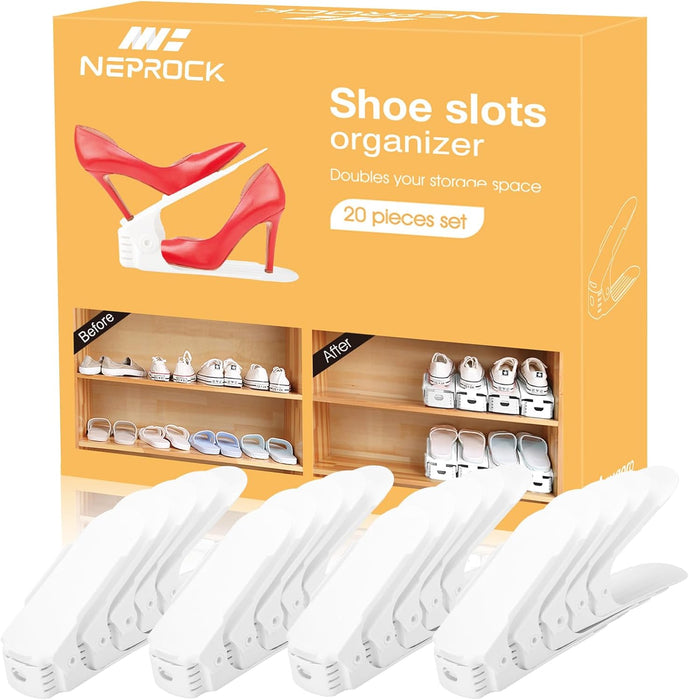 Shoe Slots Organizer, 20 Pack Adjustable Shoe Rack Stacker Storage Space Saver, Double Deck Shoe Rack Holder for Closet 