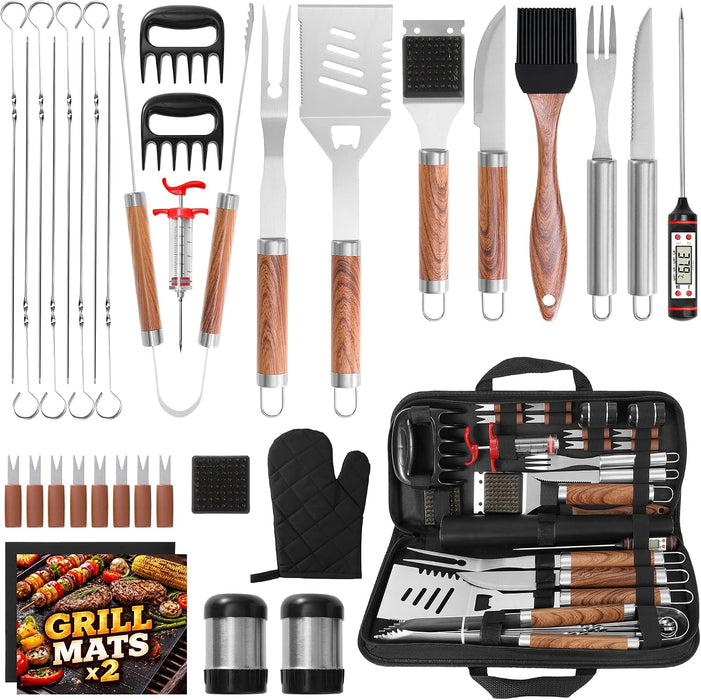 35PC BBQ Grill Tools Set – Heavy Duty Stainless Steel Grill Accessories Kit with Case, Meat Thermometer, Injector, Claws