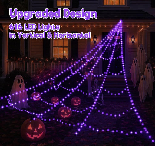Spider Web Lights for Halloween Decorations Outdoor - 616 LEDs, 8 Lighting Modes, 16.4 Ft Light Up Giant Spider Webs (Purple)