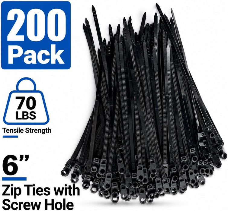 200 Pack 6 Inch Plastic Zip Ties with Screw Holes