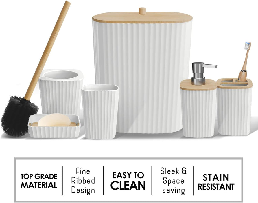 Bathroom Set - White Bathroom Accessories Set, 6PC Bathroom Accessory Set, Bathroom Sets with Toilet Brush, Trash Can & Soap Dispenser