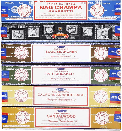 - Set of 6 - Nag Champa, Super Hit,Path Breaker,Soul Searcher, Sandalwood, Californian White Sage 15 Grams