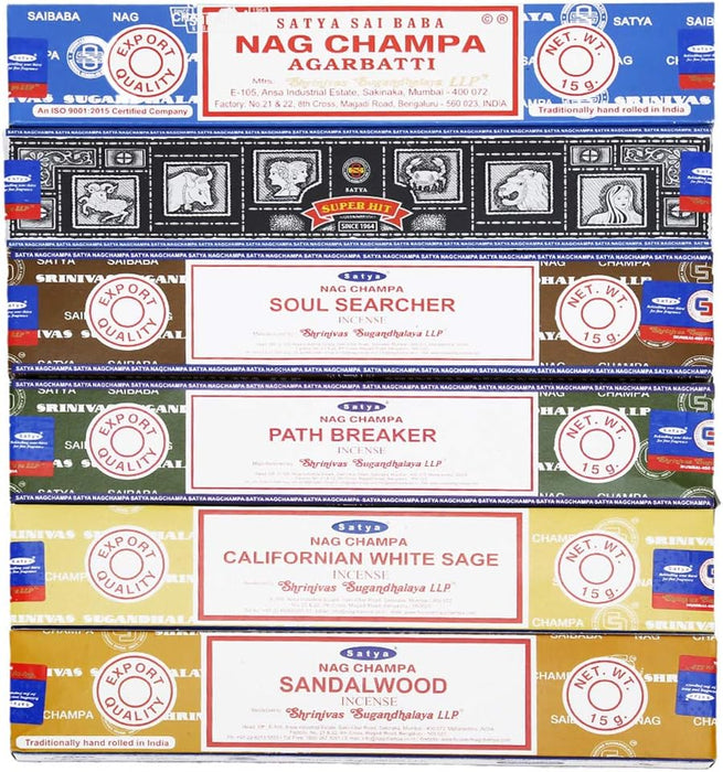 - Set of 6 - Nag Champa, Super Hit,Path Breaker,Soul Searcher, Sandalwood, Californian White Sage 15 Grams