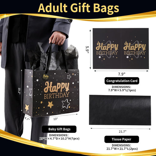 13" Birthday Gift Bag with Tissue Paper & Card(1 Pack Black Gold)