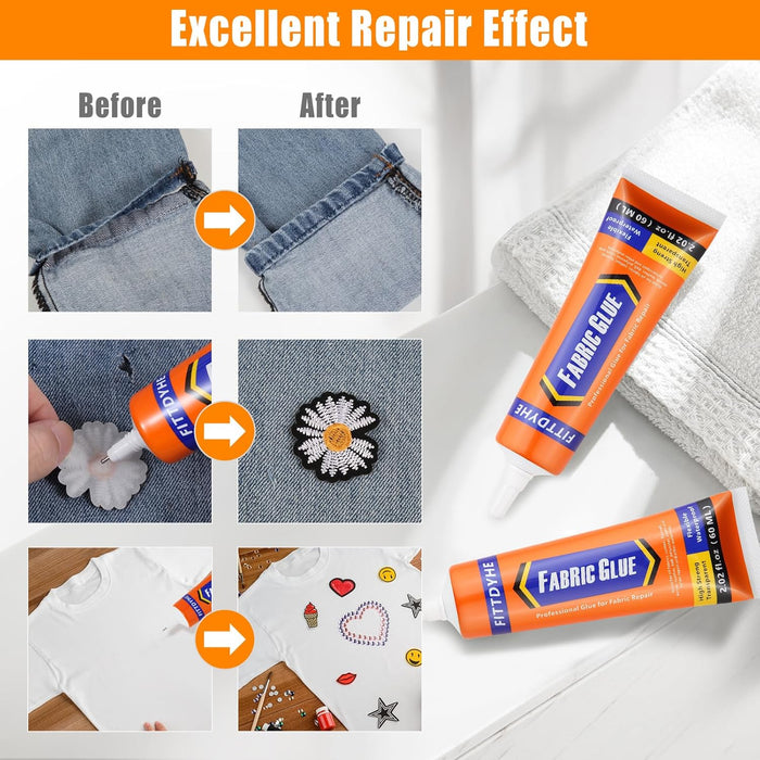 Fabric Glue Permanent, 60 ML Washable Clear Clothing Glue, Super Fabric Glue for Rhinestones, Patches, Clothes, Denim, Leather, Polyester, Fabrics, Doll Repair, Flannel, Cotton
