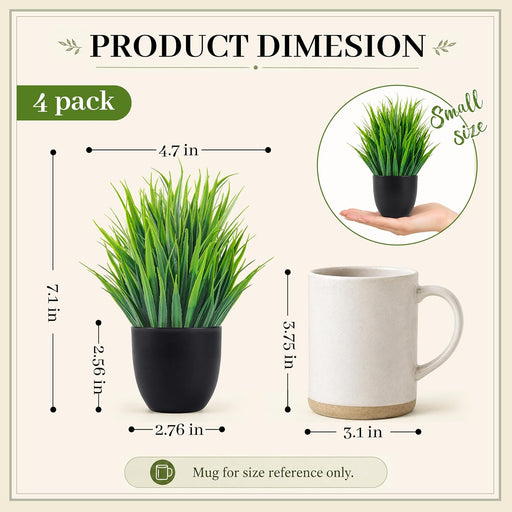 4 Pack Mini Fake Plants in Black Pots, 7" Bathroom & Desk Decor