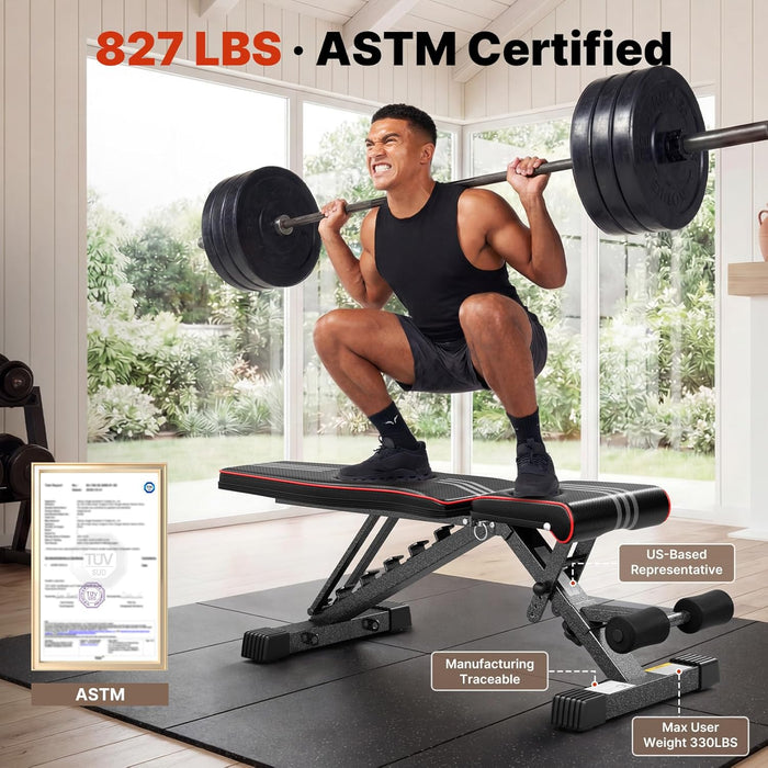 Adjustable Weight Bench, ASTM-Certified 827LBS