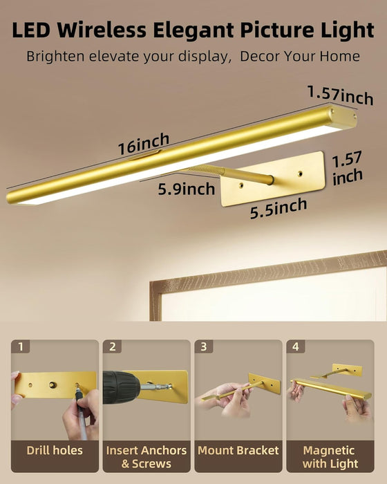 Picture Light for Wall, 4800mAh Rechargeable Wireless Remote, 16‘’ Dimmable Magnetic LED Art Display Light with 3 Color Temperatures, for Gallery, Living Room, Bedroom, Hallway (Gold)