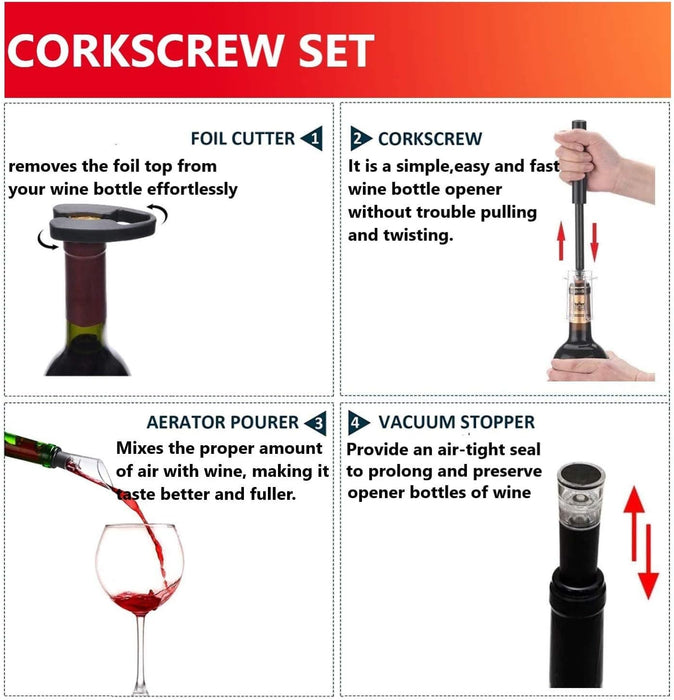 Air Pressure Pump Bottle Opener With Foil Cutter,Aerator Pourer,Vacuum Stopper(4PCS),Simple Cork Remover,Efficient Corks