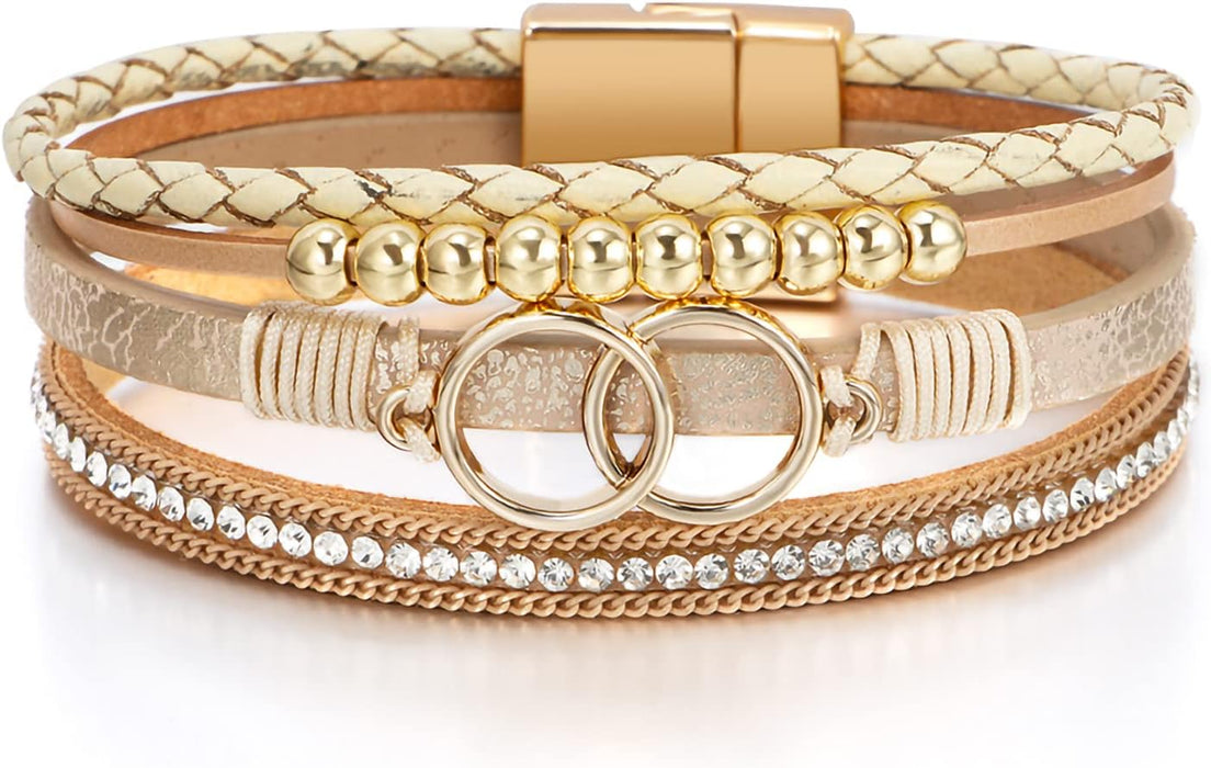 Leather Wrap Bracelet for Women, Boho Western Stacked Cuff Jewelry