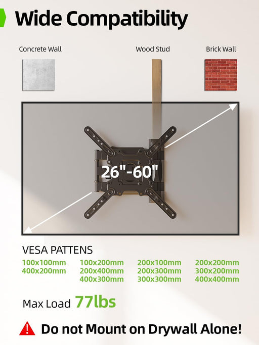 TV Wall Mount for Most 26-60 Inch TVs up to 77 lbs, Full Motion Wall Mount TV Bracket with Swivel Tilt Single Stud Desig