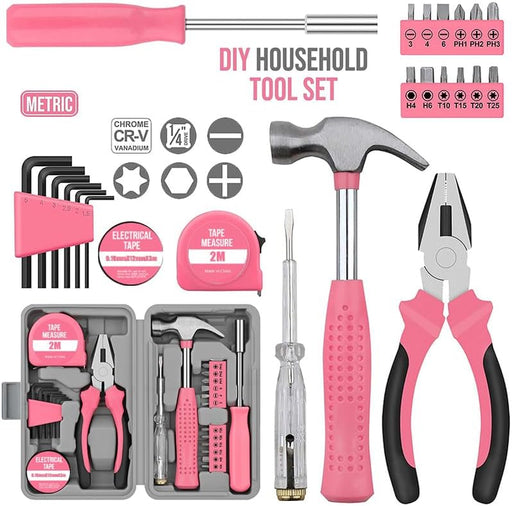 24Pcs Pink Home Repair Tool Kit for Women - Compact Mini Starter Hardware Set with Hammer, Pliers, Screwdrivers - Portab