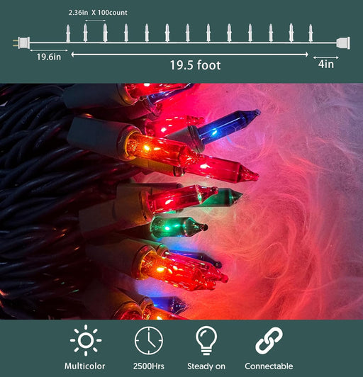 Christmas Lights 100 Count Multicolor Christmas Tree String Lights with Green Wire for Outdoor Indoor Christmas Decorati