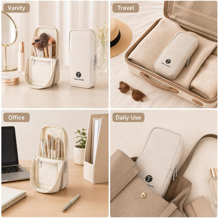 Small Standing Makeup Brush Bag & Holder, Beige Travel Cosmetic Case