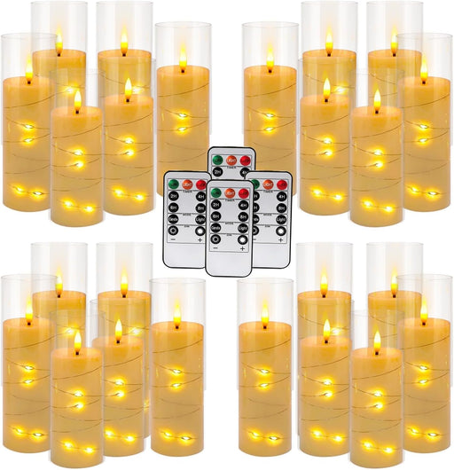 24 Pcs LED Flameless Candles with Remote, 3D Flickering Flame & LED String Lights, Acrylic Clear Cylinder, Timer Function, Romantic Ambience for Home Decor, Party, Wedding (Ivory).