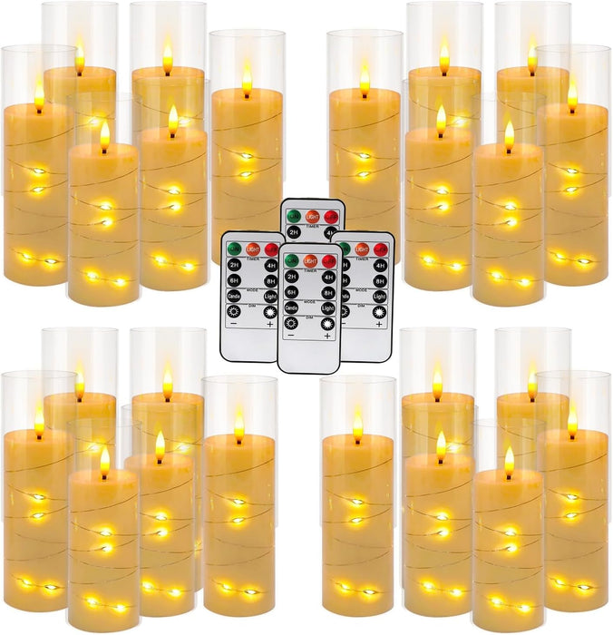 24 Pcs LED Flameless Candles with Remote, 3D Flickering Flame & LED String Lights, Acrylic Clear Cylinder, Timer Function, Romantic Ambience for Home Decor, Party, Wedding (Ivory).
