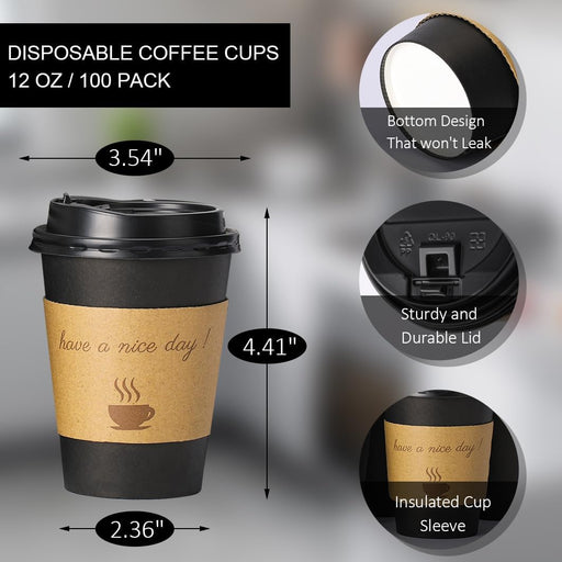 100 pack 12 oz Disposable Coffee Cups with Lids Thickened Hot Cups
