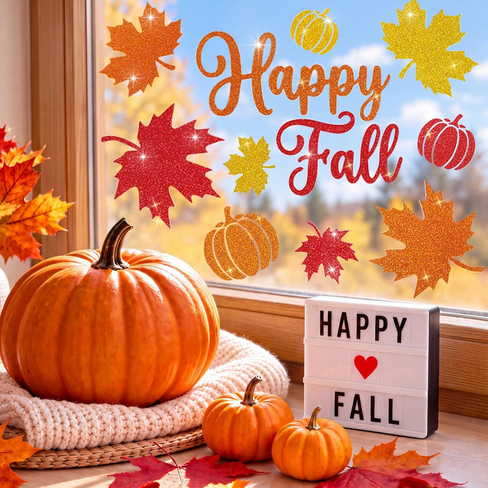 Glitter Fall Window Clings Autumn Thanksgiving Window Stickers Decals Decor