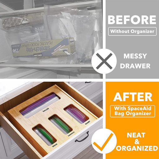 Bag Storage Organizer for Kitchen Drawer, Bamboo Organizer, Compatible with Gallon, Quart, Sandwich and Snack Variety Si
