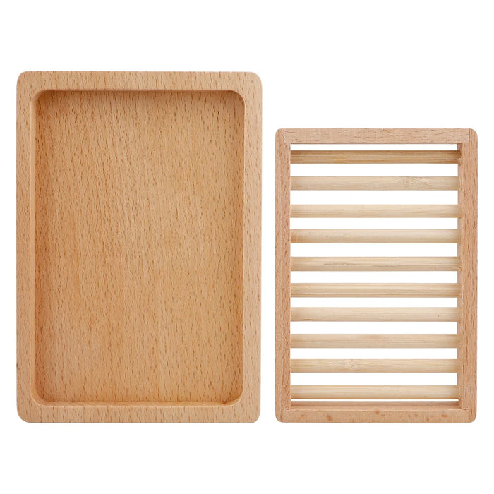 Soap Dish Two Tier Soap Holder Wooden Soap Storage Tray Bathroom Accessories 14*10*2.5Cm