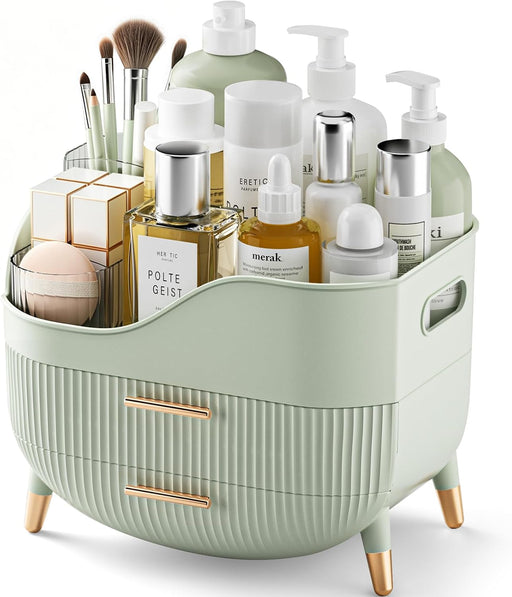 Makeup Organizer with Drawers, Green Skincare Organizer for Vanity, Storage Box with Handle, Large Cosmetic Display Case