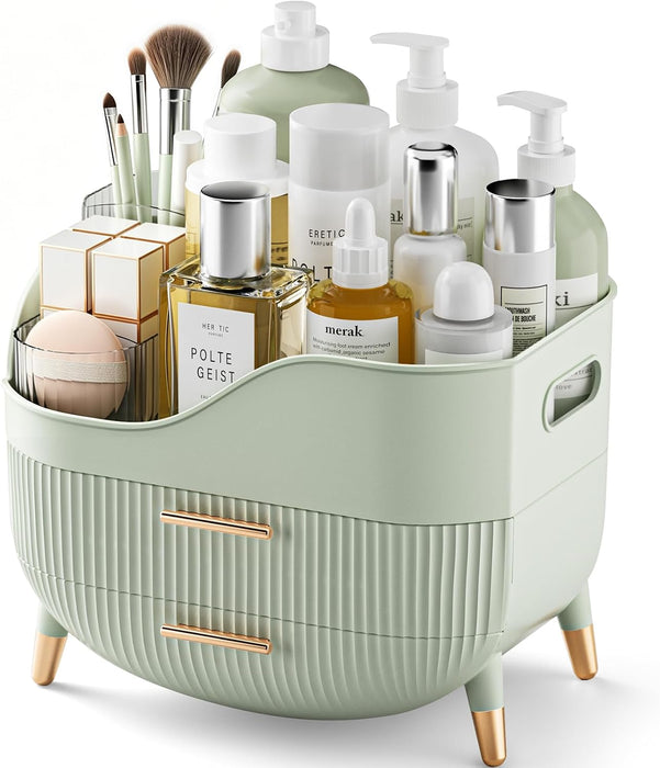 Makeup Organizer with Drawers, Green Skincare Organizer for Vanity, Storage Box with Handle, Large Cosmetic Display Case