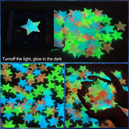 100pcs Glow in The Dark Luminous Stars Fluorescent Noctilucent Plastic Stars Wall Stickers Glowing Stars Decals for Home Art Decor Nursery Ceiling Kids Babys Bedroom Room Multicolor