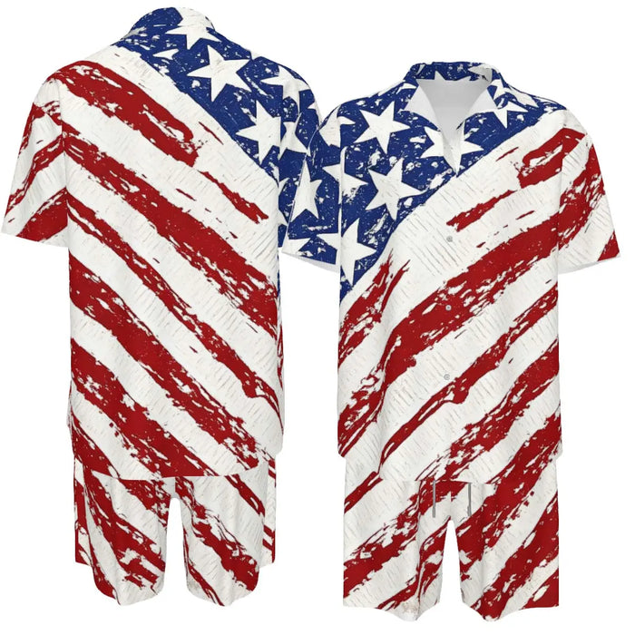 Men'S Fashion 2-Piece Matching Shortsleeve Collared Neck Tropical Set - Casual Stylish Flag Pattern Shirt & Bottoms, Loose Fit, plus Size Hawaiian Patriotic Streetwear for 4Th of July