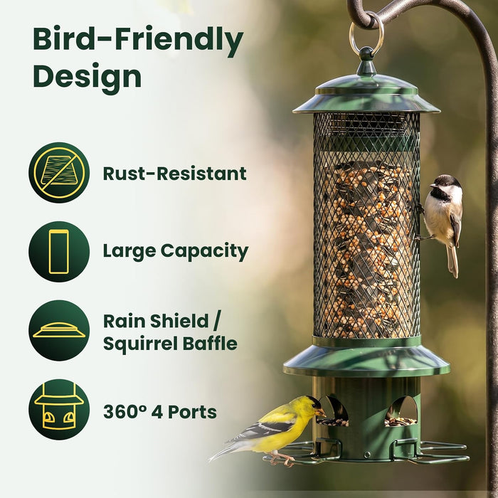 Squirrel Proof Bird Feeders for Outdoors - 4 Port Hanging Metal Bird Feeder with Gravity Spring, Upgraded Metal Hanging 