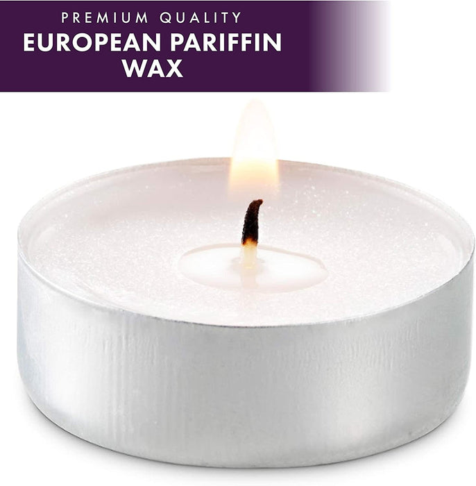 Unscented Tea Light Candles 100 Pack | 4 hours, White, Smokeless, Dripless Small Votive Paraffin Tealights | Long-Lasting for Home, Shabbat, Weddings, Events, Emergencies | Mini Candles Bulk