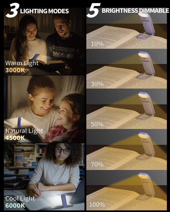 Book Reading Light, Rechargeable Clip on Booklight, Eye Caring 3 Color Temperatures & 5 Brightness Levels, Night Use for