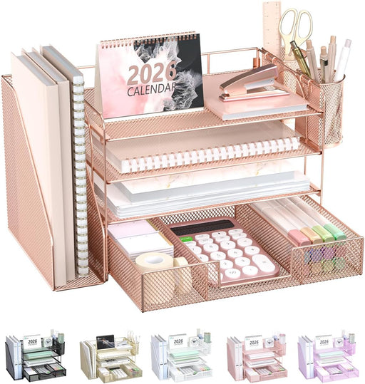 Desk File Organizer, 4 Tier Desktop Paper Letter Tray Organizer with Drawer and 2 Pen Holders, Office Desk Accessories &