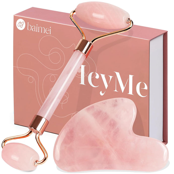 IcyMe Rose Quartz Roller & Gua Sha Facial Tool Set for Depuffing